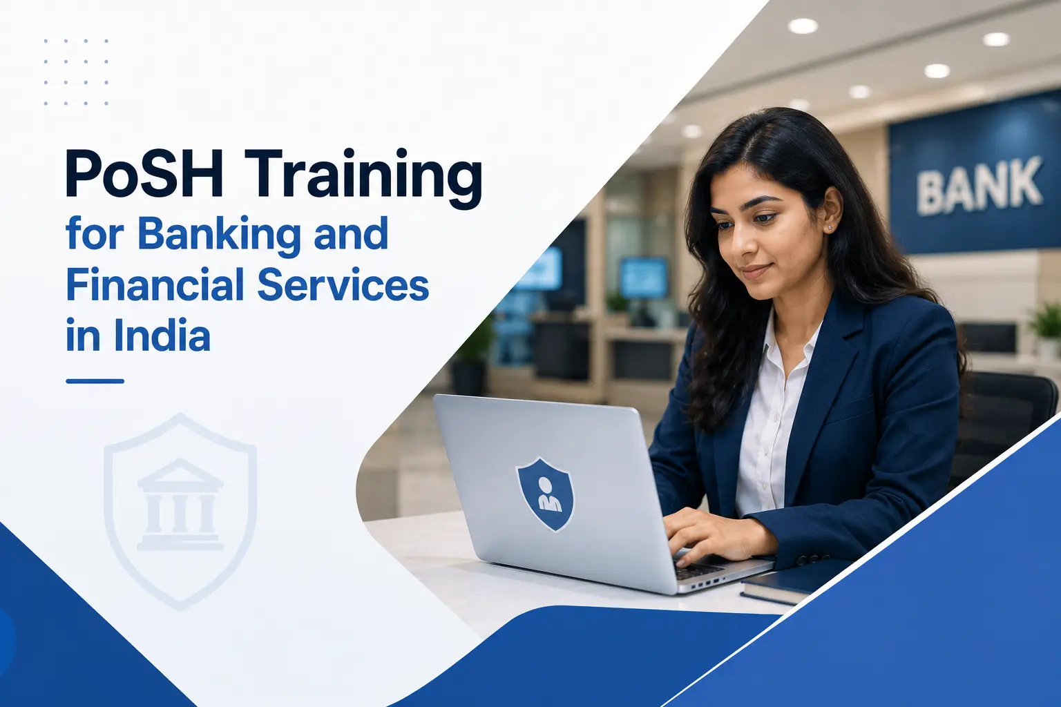 Woman working on laptop in a bank representing PoSH training for banking and financial services